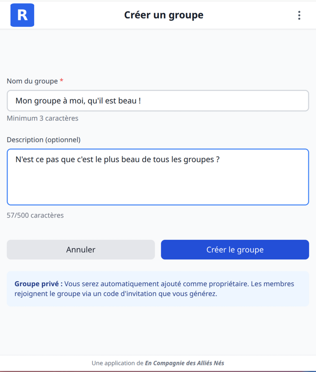 Interface de création d'un nouveau groupe