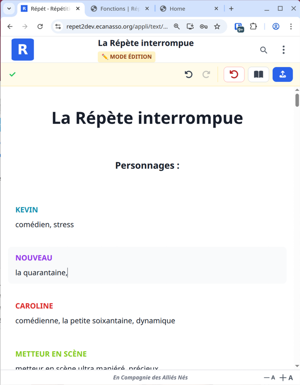 Interface d'édition de texte avec modifications