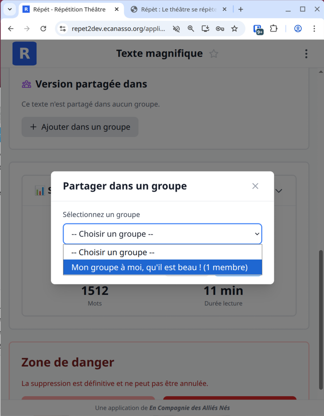 Interface de partage de versions de textes