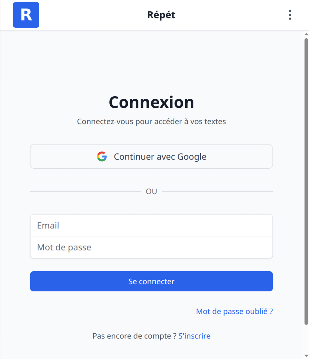 Écran de connexion à Répèt