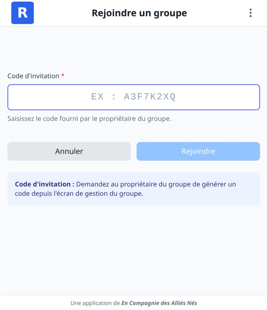 Écran de saisie du code d'invitation