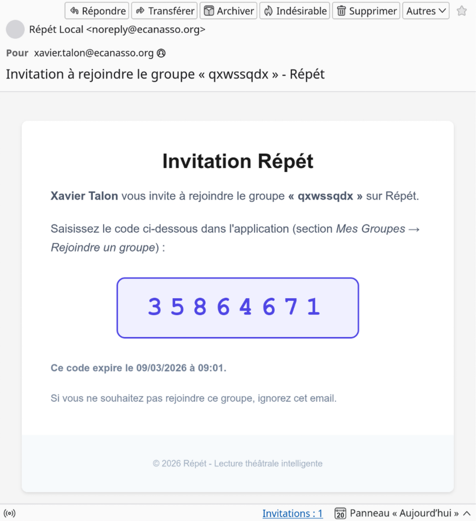 Email contenant le code d'invitation